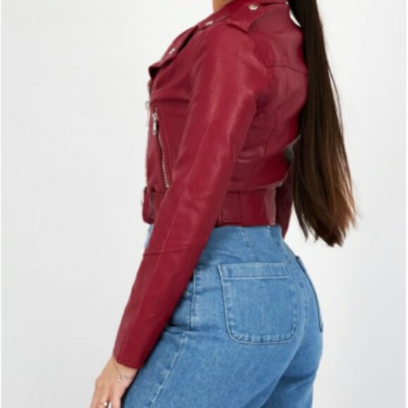 Moto Jacket Ladies Asymmetrical Jacket - Vegan Leather - Belted. Dark Red - Picture 3 of 9